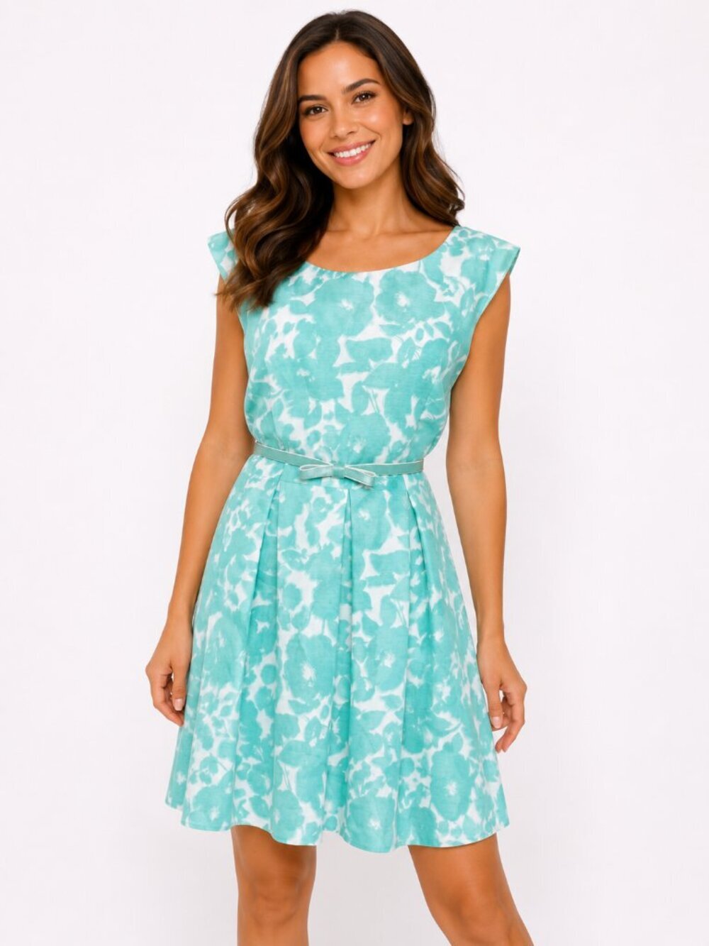 Light Teal Aqua Floral Fit Flare Dress Belted Cap Sleeve